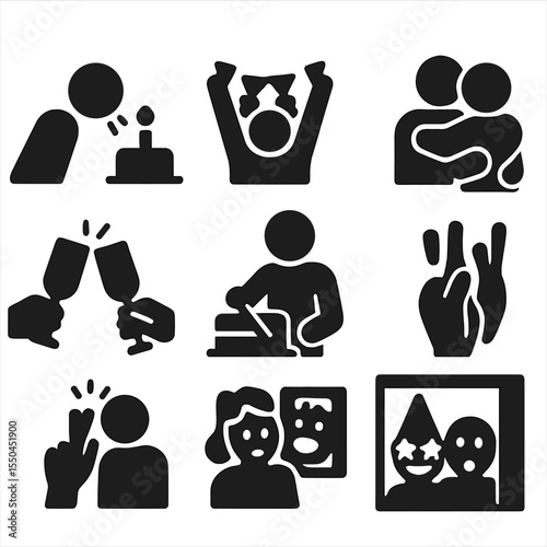 Celebration Icon Set. Solid vector icons of celebration moments: person blowing candles, group cheer icon, countdown symbol,