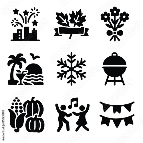 Seasonal Celebration Icons. Solid vector icons of seasonal celebration: fireworks over city, autumn leaves with ribbon, spring
