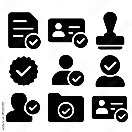 Certification Icons Collection. Solid vector icons of official approval and certification: legal doc with check, license card with