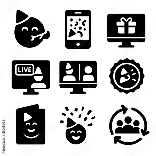 Digital Celebration Icons. Solid vector icons of digital celebration: emoji with party hat, confetti on screen, virtual gift icon,