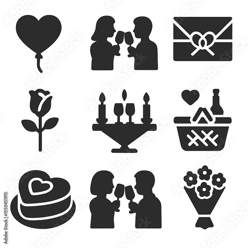 Romantic Celebration Icons. Solid style icons of romantic celebrations: heart balloon icon, couple clinking glasses, love letter