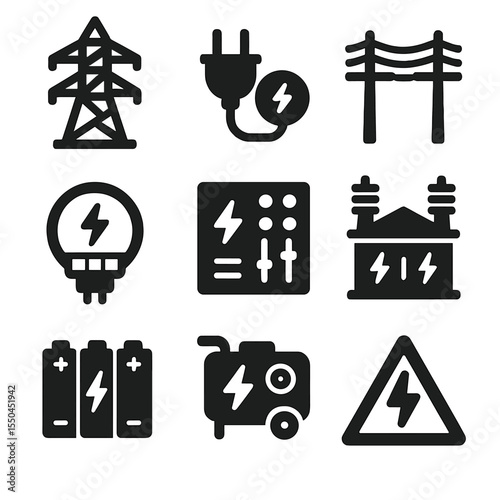 Electric Power Icons. Solid vector icons of electricity and power: high-voltage tower, electric plug and socket, power line icon,