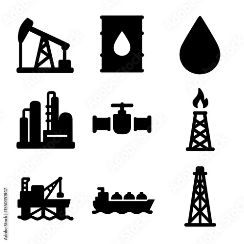 Oil Industry Icons. Solid vector icons of oil industry: oil rig silhouette, barrel of oil icon, oil drop symbol, refinery plant