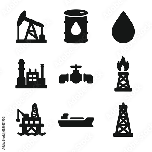 Oil Industry Icons. Solid vector icons of oil industry: oil rig silhouette, barrel of oil icon, oil drop symbol, refinery plant