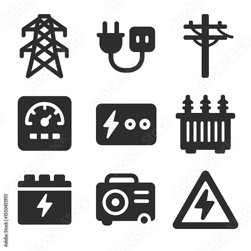 Electric Power Icons. Solid vector icons of electricity and power: high-voltage tower, electric plug and socket, power line icon,