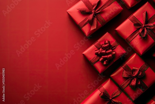 Red gift boxes arranged on a red background