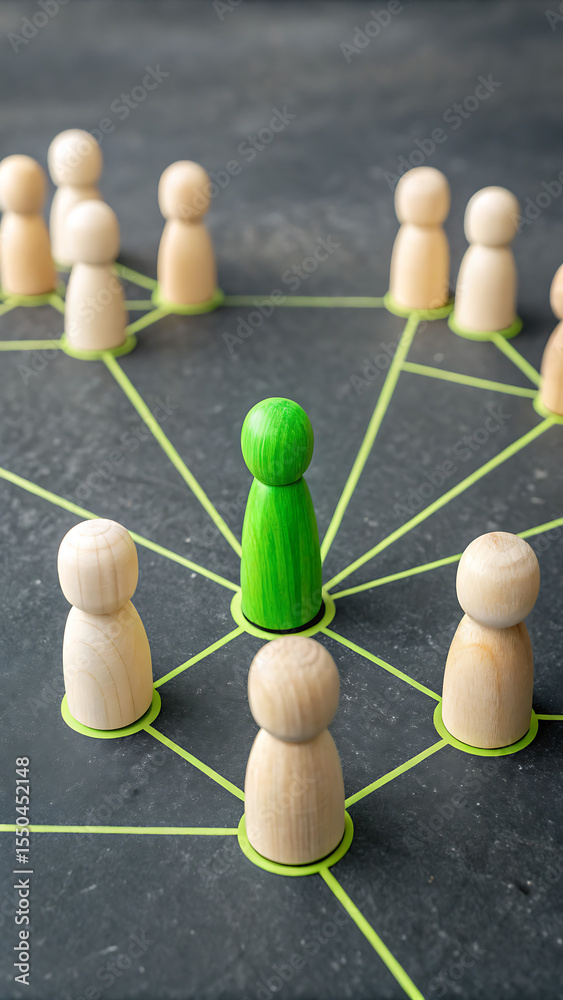 Obraz premium Central Leader & Connected Team: The vibrant image shows a strategic connection network where a leader interacts with their team members.