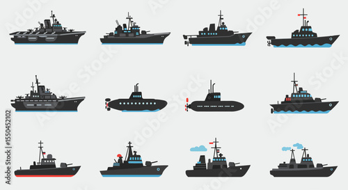 Collection of Military Warships and Submarines Vector Illustrations