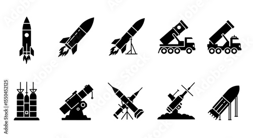 Rocket and Missile Launch System Icons Military Weaponry Glyphs