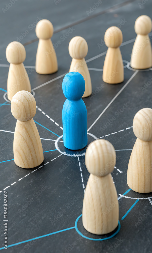 Obraz premium Blue Peg Leader: A single blue wooden peg stands out amidst a network of beige pegs, symbolizing leadership, connection, and influence in a team or organization.