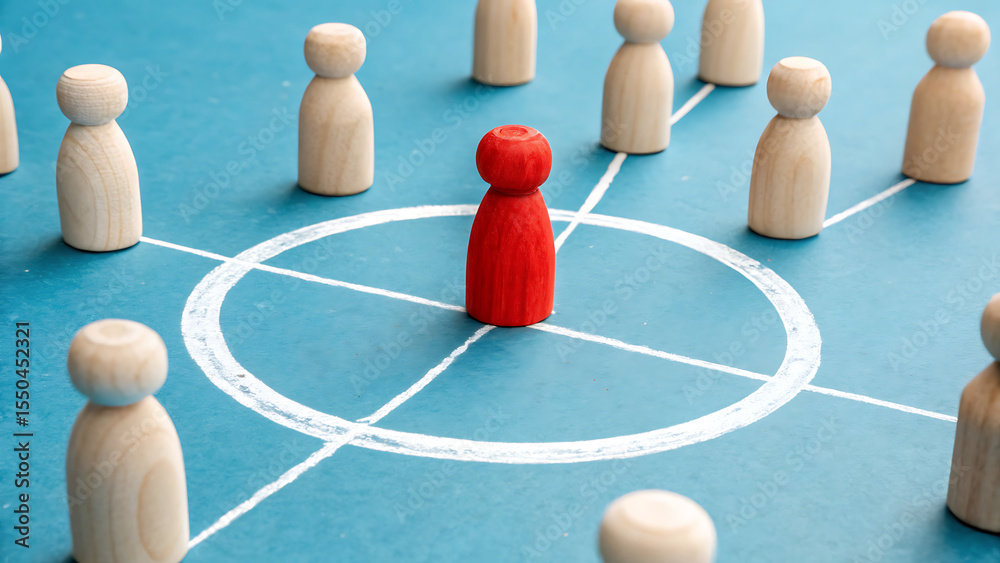 Obraz premium Leadership in Perspective: a red wooden figure stands out in a circle, surrounded by other wooden figures, symbolizing leadership, teamwork, and connectivity within a business, community or group.