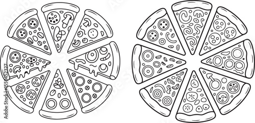 Two Circles of Black and White Pizza Slices Line Art Illustration vector