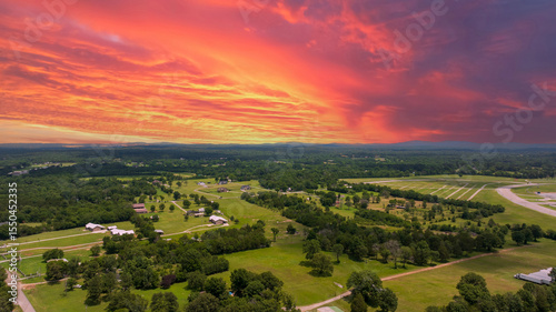 aerial shot of vast miles of lush green trees and homes at the Nashville Superspeedway in Lebanon Tennessee USA