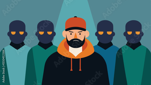 Dressed to Deceive An illustration of an undercover officer in casual streetwear blending in with a group of criminals while subtly communicating with their team via a small