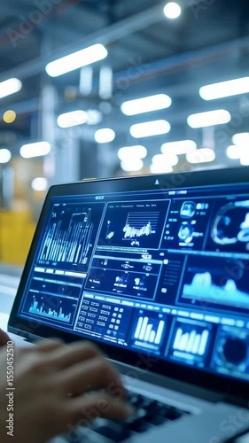 Person uses laptop displaying data graphs in a factory setting, monitoring systems with technology interface