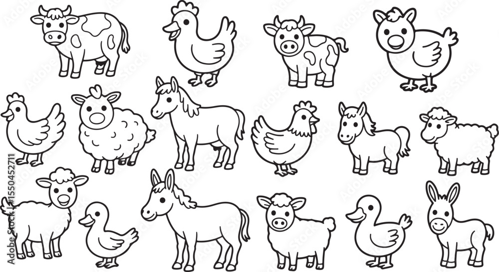 Obraz premium Black And White Farm Animals Line Art Illustrations Collection sheep horse