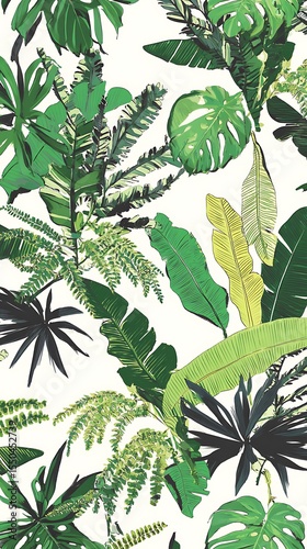 Tropical leaves pattern. Lush green leaves on white background