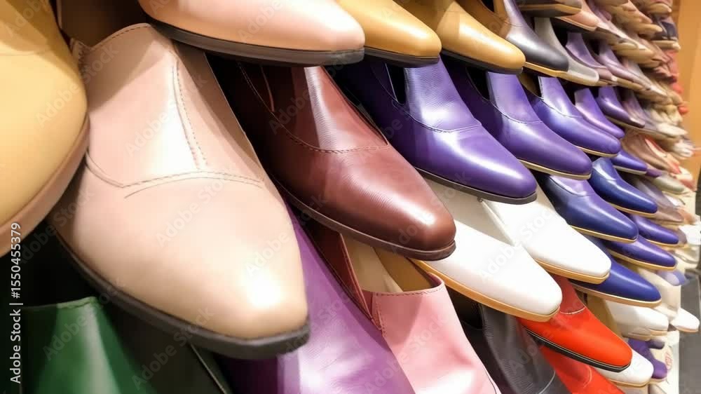 Pile of colorful pointy toe shoes, variety of textures and materials, diverse color palette for footwear fashion