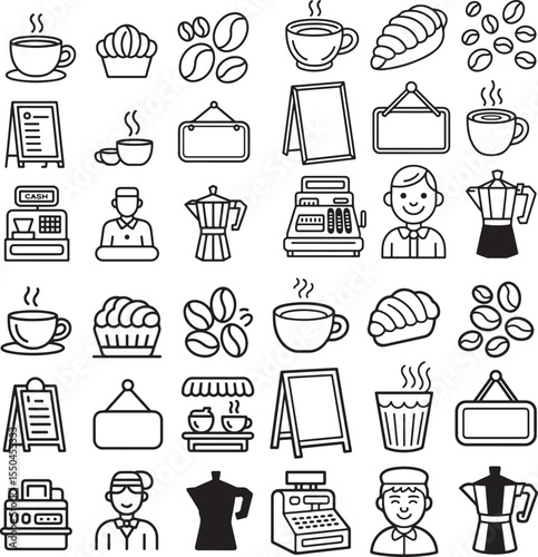 Black and White Line Art Coffee Shop Icons Set cafe