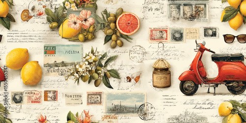 Vintage Mediterranean Collage Seamless Pattern Retro Travel Vector Background for design, textile, packaging, fabric wallpaper branding, stationery wrapping paper interior decor