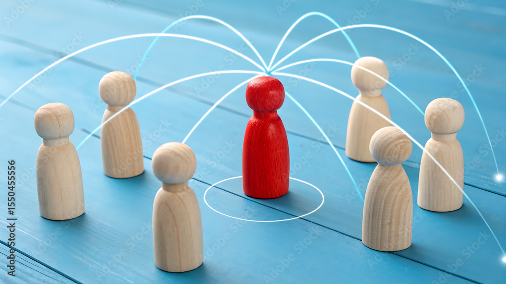 Obraz premium Leadership and Network: A wooden figures network, with one figure standing out. This imagery captures the essence of teamwork, collaboration, and interconnectedness.