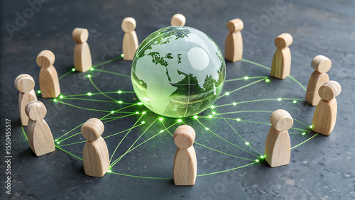 Global Unity: Wooden figures connected by green lines surround a glowing globe, representing interconnectedness and worldwide cooperation, a symbol of international collaboration and unity.