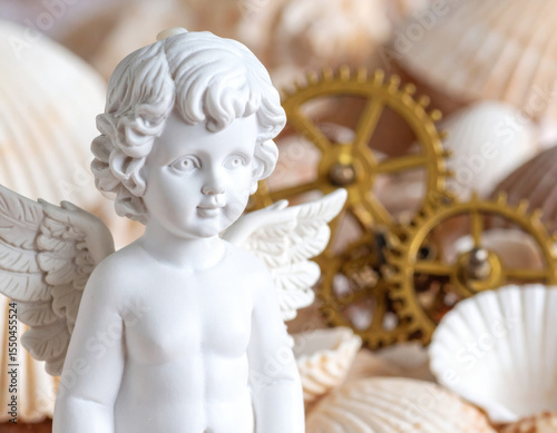 Delicate figurine of angel with curly hair and wings stands amidst seashells and intricate gold gears, evoking sense of whimsy and nostalgia. combination of elements creates serene and enchanting