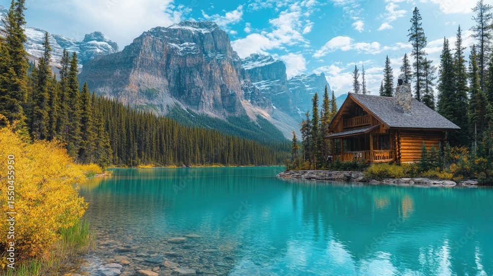 Fototapeta premium Scenic mountain lake cabin