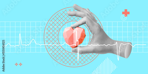 Medical monitoring and heart health concept. Hand holds geometric heart above cardiogram line, symbolizing diagnosis and care. Minimalist art collage