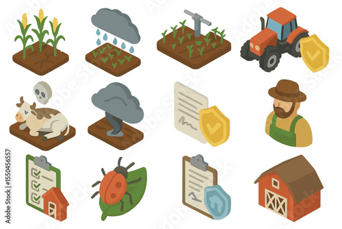 Isometric Farming Icons Representing Agriculture and Farm Elements