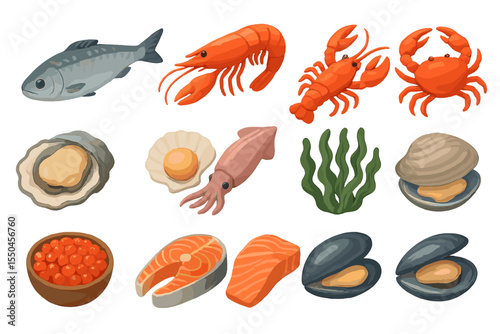 Illustrated Collection of Seafood Icons with Various Marine Delicacies