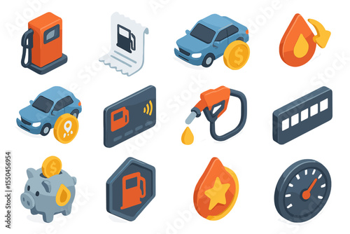 Isometric Gas Station Icons Set with Cars and Fuel Elements