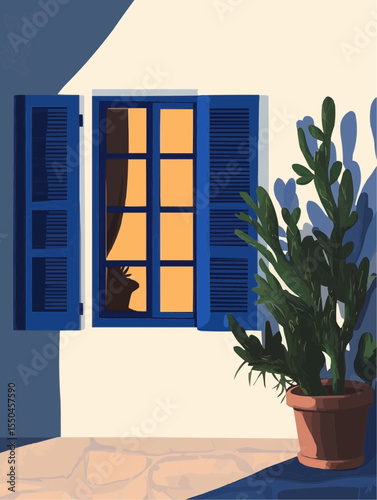 Vector illustration of a Mediterranean window at night with blue shutters and warm light. Ideal for travel-themed prints, editorial use, and evening design sets