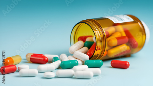 Pills and capsules spilling out of a toppled from pill bottle