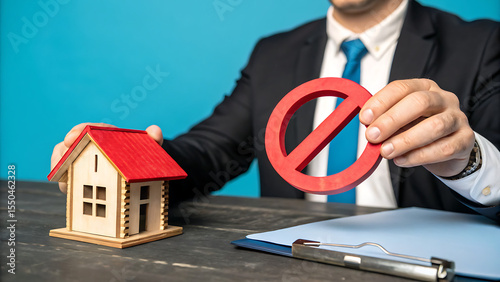 Real Estate Restriction: A professional in a suit, holding a miniature house and a 