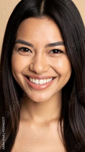 Close up portrait of a beautiful, young woman with a genuine, radiant smile showing perfectly aligned white teeth on a beige background.