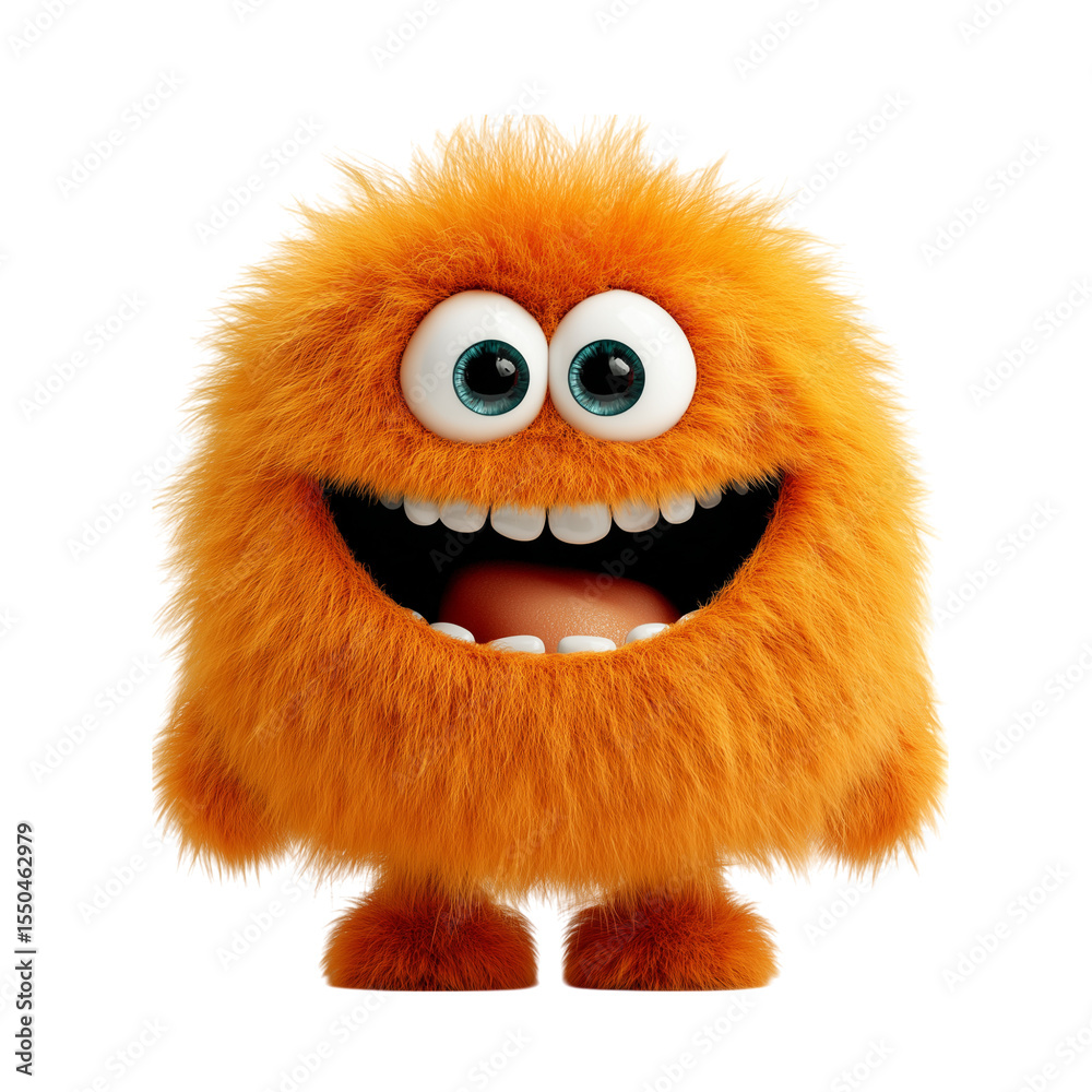 Obraz premium Funny cartoon monster character vector illustration with a cute, furry face like a smiling lion and an alien-like owl, isolated 3D comic art toy