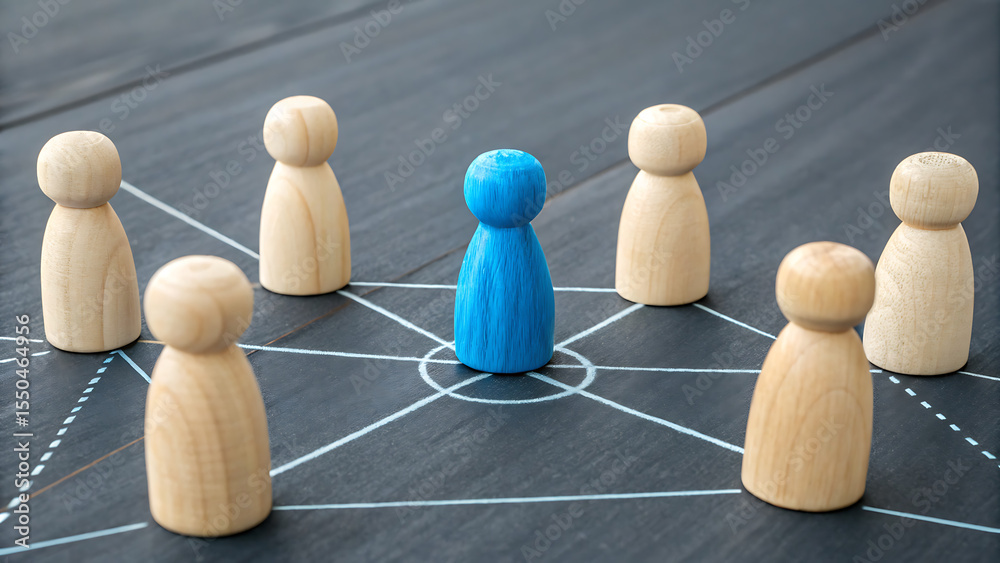 Obraz premium Leadership and Unity: A network of wooden figures symbolizes the dynamics of leadership and teamwork, one stands out, representing the leader within the unified framework.