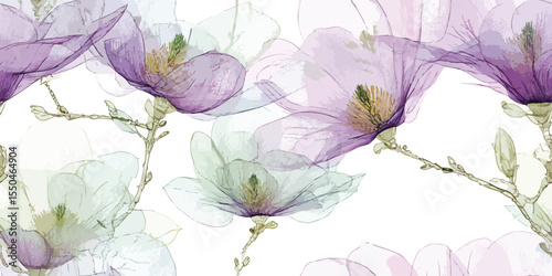 Soft Watercolor Floral Seamless Pattern Ethereal Botanical Vector Print for design, textile, packaging, fabric wallpaper branding, stationery wrapping paper interior decor