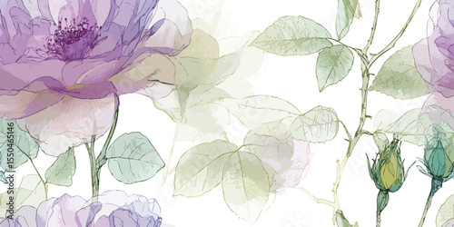 Ethereal Rose Bloom Seamless Pattern Transparent Botanical Vector Illustration for design, textile, packaging, fabric wallpaper branding, stationery wrapping paper interior decor