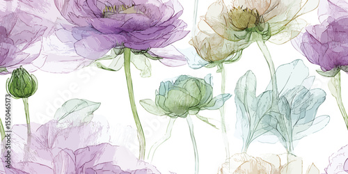 Ethereal Ranunculus Bloom Seamless Pattern Transparent Botanical Vector Illustration for design, textile, packaging, fabric wallpaper branding, stationery wrapping paper interior decor