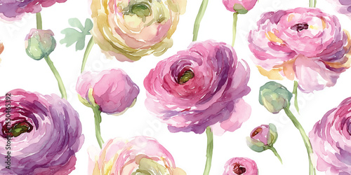 Watercolor Ranunculus Seamless Pattern Delicate Floral Vector Print for design, textile, packaging, fabric wallpaper branding, stationery wrapping paper interior decor