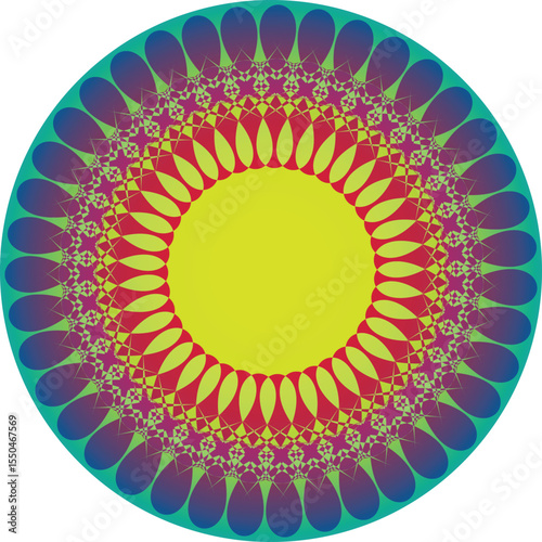 Vibrant circular mandala with intricate gradient patterns