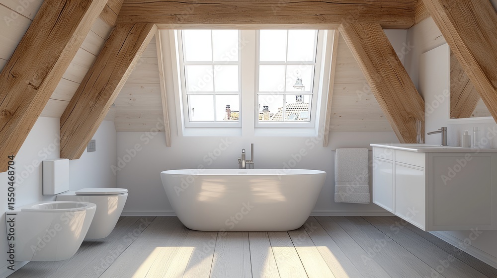 Fototapeta premium A spacious, white attic bathroom with a freestanding bathtub and a wall-mounted vanity.