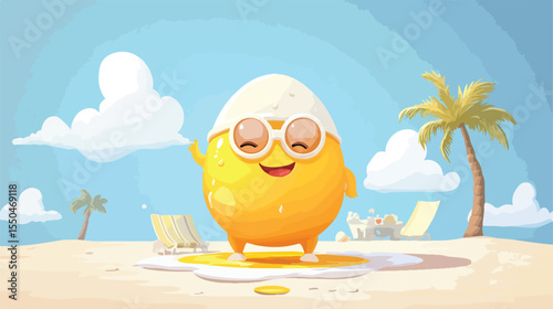 Happy Egg Yolk Mascot Enjoying Vacation in Flat Vector Illustration