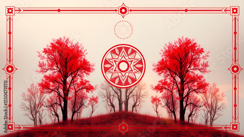educational poster on sacred archetypes | sacred transformation | symbolic reflection | crimson and pearl | symbol-based framing | symbolic trees | translucent overlays | figurative distortion |