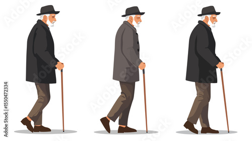 Elderly Man Walking with Cane Flat Vector Illustration