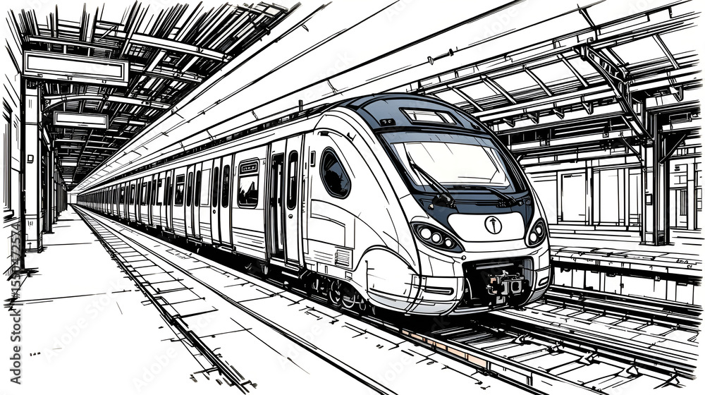 Naklejka premium Metro train vector illustration sketch. Fast modern express passenger train on high speed railway station
