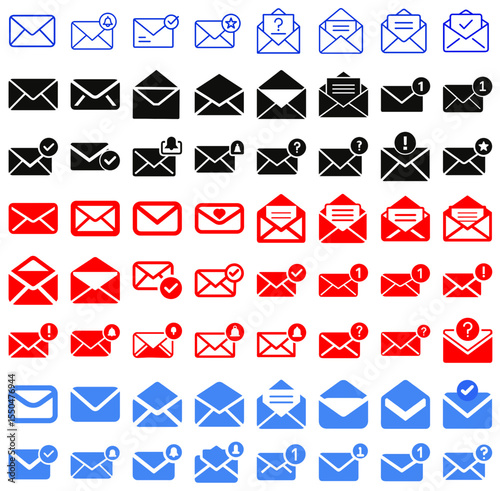 Envelope Icons Set – Email and Message Symbols Collection: Comprehensive set of envelope icons in various styles and colors, ideal for email, messaging apps, notifications, and web design.
