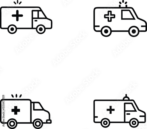 Collection of four ambulance icons with medical cross and lights silhouette isolated on transparent background